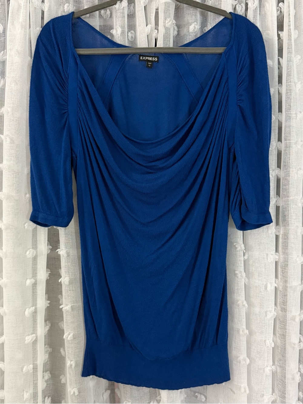 Express — Women's Royal Blue Draped Cowl Neck Half Sleeve Ruched Knit Top, Y2K